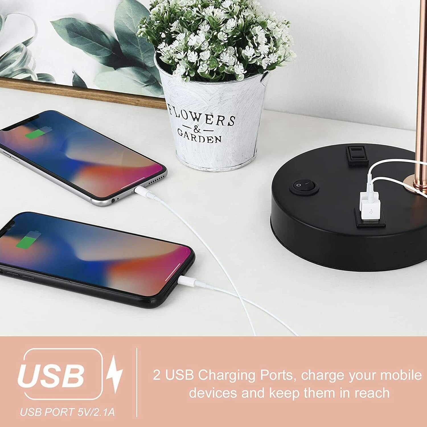 USB Bedside Table & Desk Lamp with 2 USB Charging Ports & AC Outlet for Bedroom