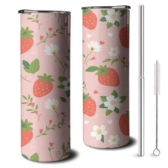20 OZ Skinny Tumbler Strawberry Insulated Coffee Mug with Lid and Straw,Stainless Steel Vacuum Insulated Insulated Tumbler Gifts for Drinking Coffee Cafe