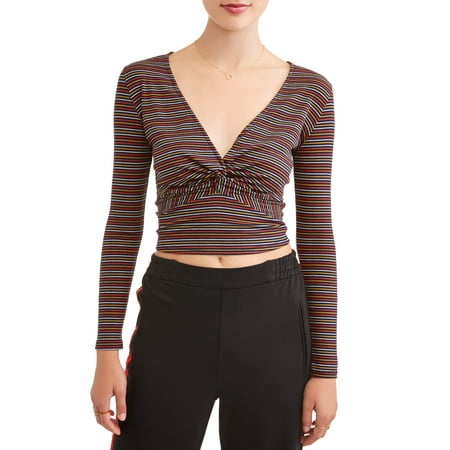 Juniors' Retro Stripe Twisted Front Long Sleeve Blouse