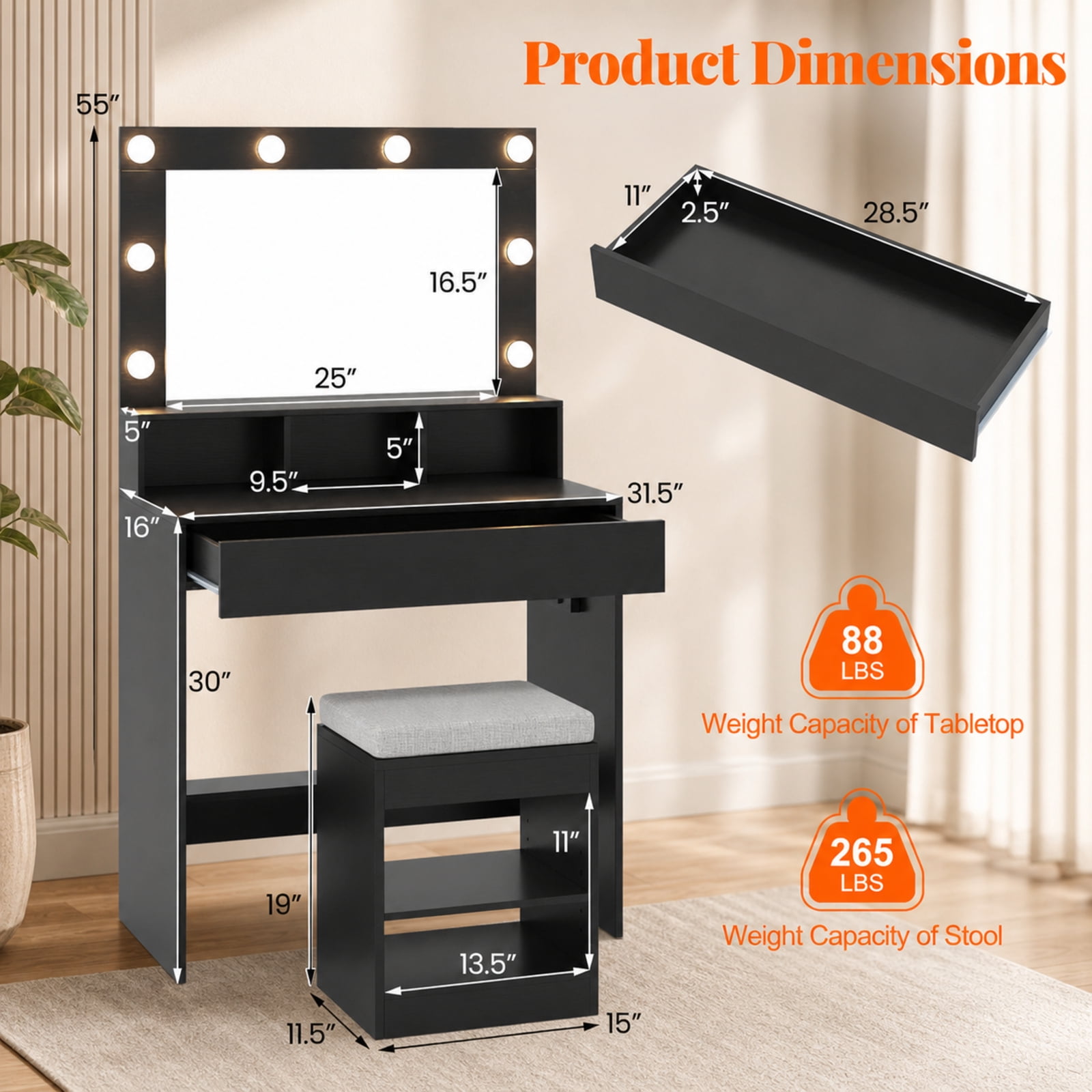 Furnibear Vanity Table Set with Lighted Mirror and Cushion Stool for Bedroom Makeup Dressing Room Vanity Desk Mirror Set, Black