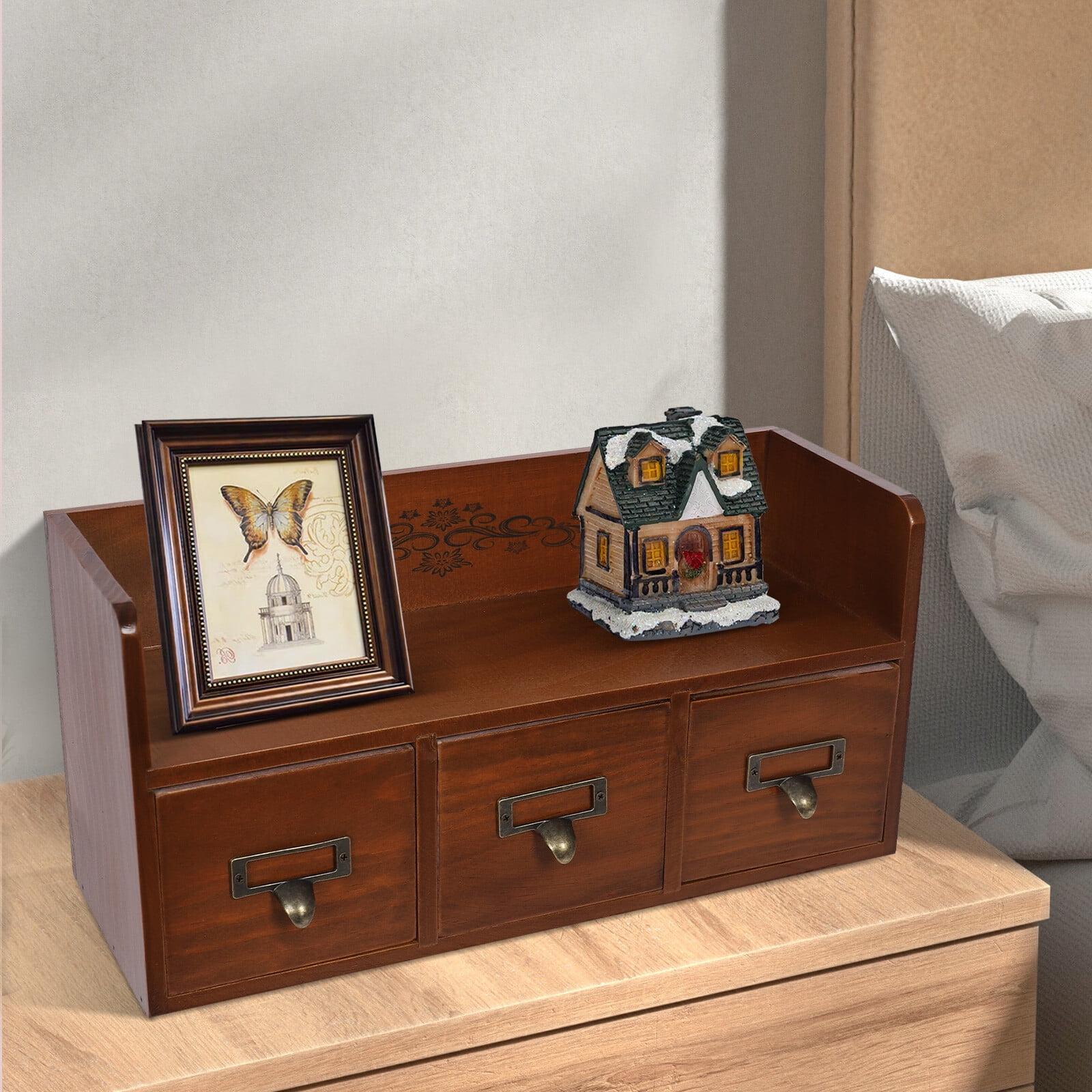 3 Drawers Vintage Desktop Organizer Small Wood Storage Cabinet Cosmetic Jewelry Organizing Box