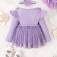 thumbnail image 4 of GYRATEDREAM Newborn Baby Girl Fall Winter Outfit Infant Toddler Lace Mesh Ribbed Romper Dress Ruffle Long Sleeve Floral Clothes with Bow Headband Purple for 1-18M, 4 of 8