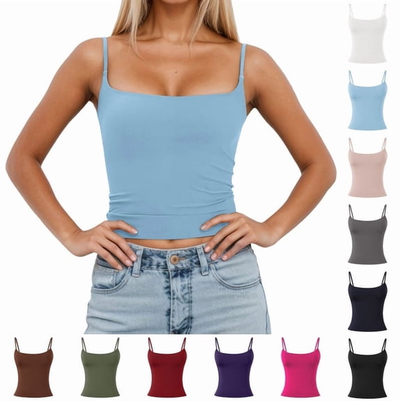 Fgnfyis Women Tank Tops Slim Fit Sleeveless Tank Top with Removable Padding Adjustable Strap Camisole Layering Casual Wear Bra Tank Tops for Women Light Blue L