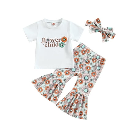 

Baby Girls Clothes Short Sleeve Round Neck Floral Tops Bell-Bottoms Pants Headband Casual Outfits