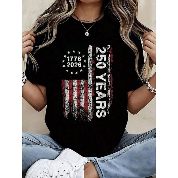 American Flag 250 Years Independence Day 2026 Patriotic T-Shirt For Women | White 100% Cotton Crew Neck Short Sleeve | Celebrate USA dom Holiday Graphic Tee | Casual Summer Top | Sizes S-XXXL