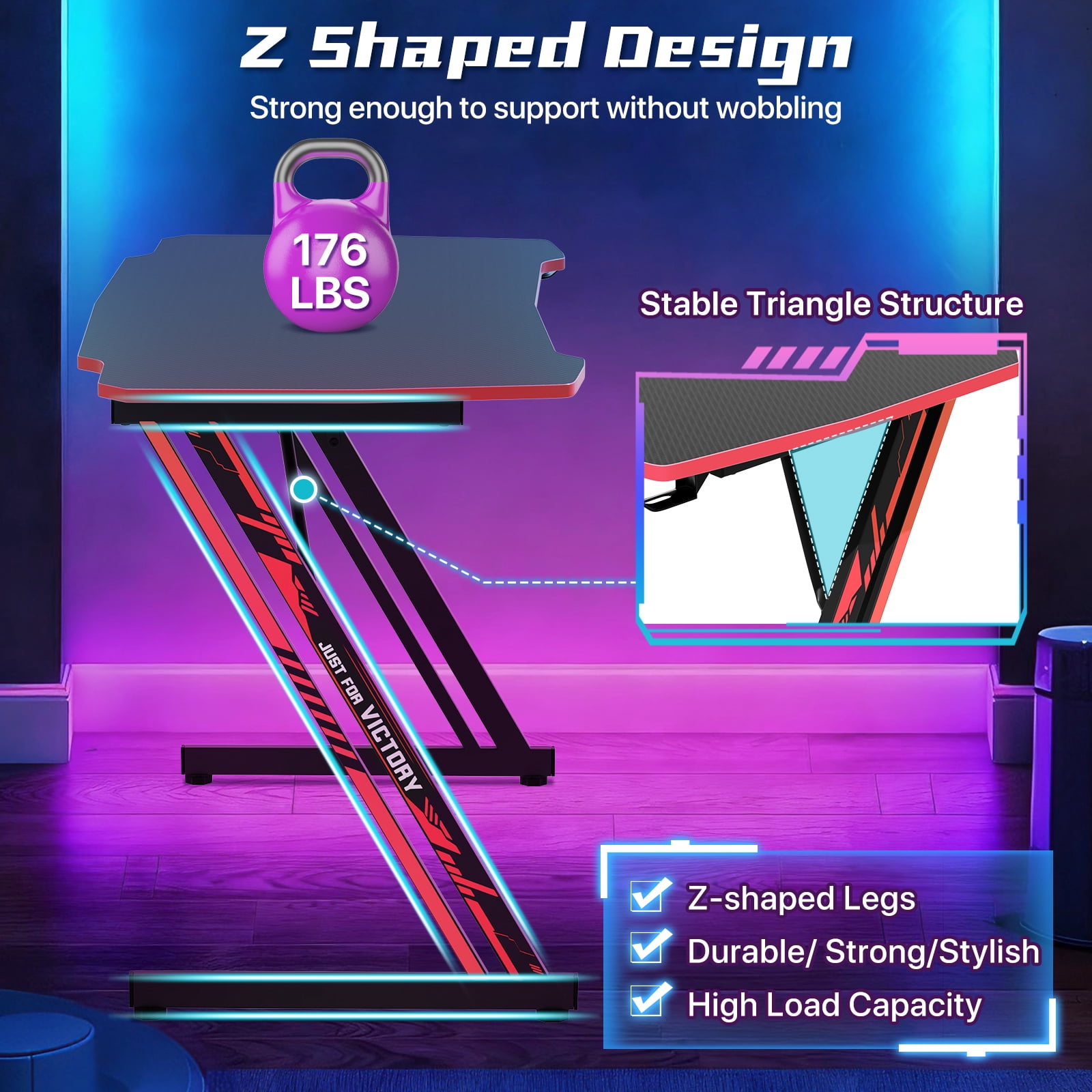 35"L Gaming Desk Z-Shaped Carbon Fiber Surface PC Gamer Table with  Headphone Hook, Computer Desk Gamer Desk Office Desk for Adults&Teen （Red）