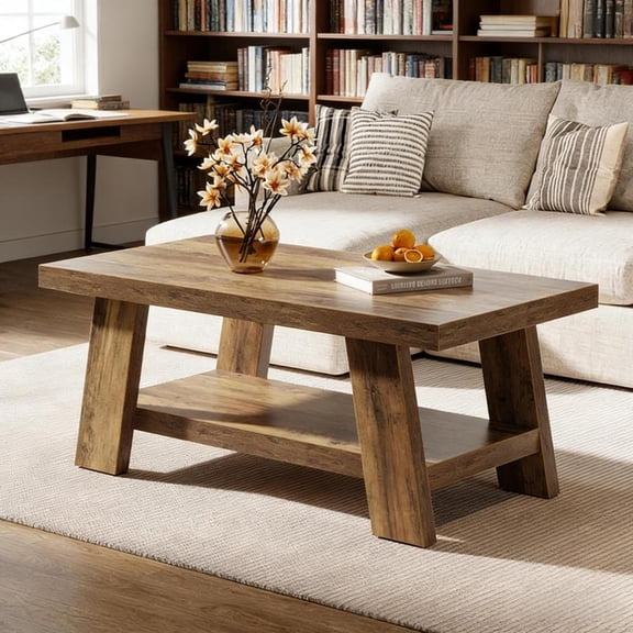 Modern Farmhouse Rectangle Coffee Table, Rustic Brown Finish 2-tier Center Table