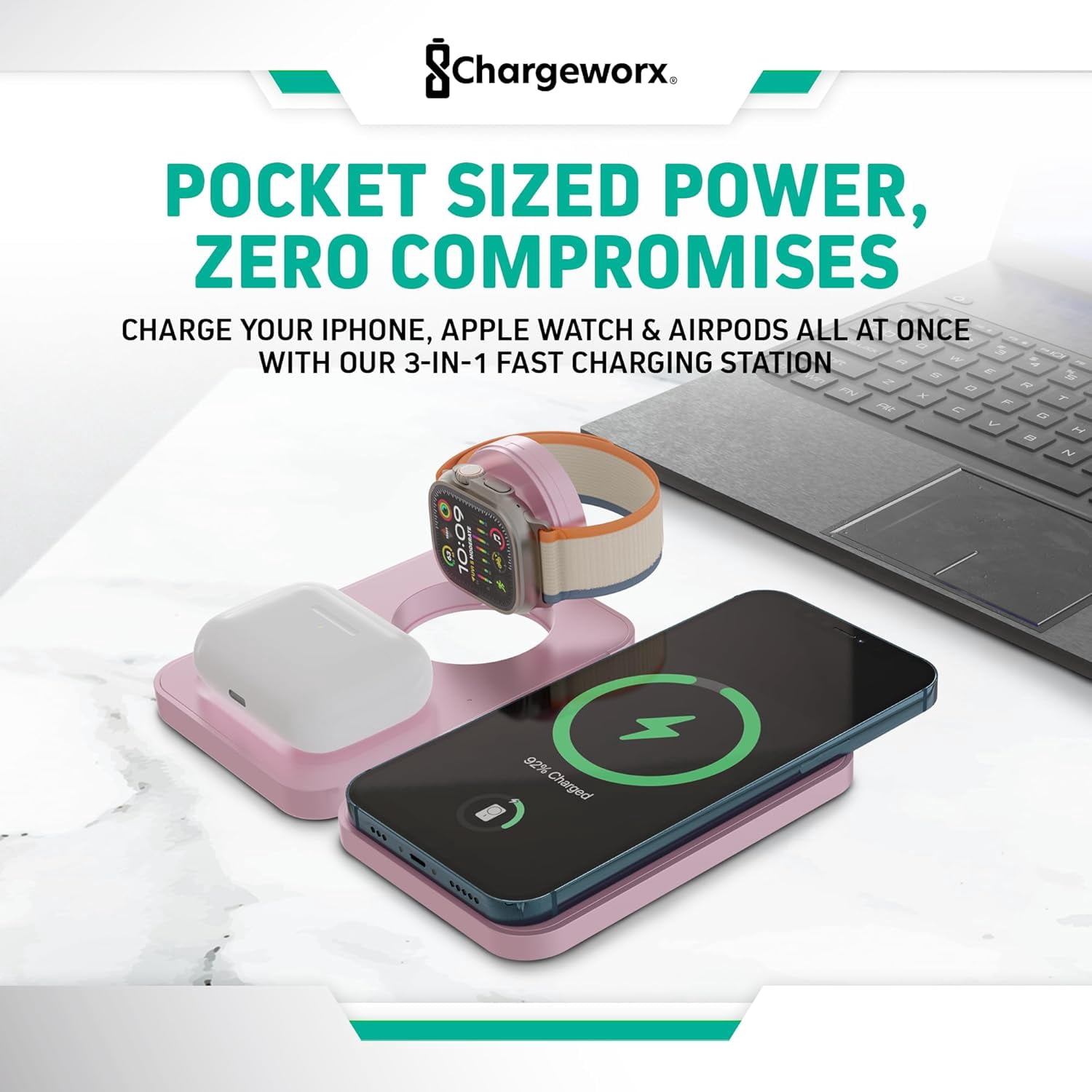 ChargeWorx 3-in-1 Wireless Charger, Foldable Magnetic Charging Station with 15-Watt Fast Charging, Compatible with iPhone, Samsung, and Other Phones, Smartwatches, and Headphones, Pink