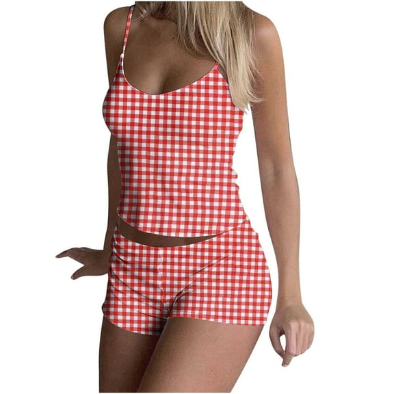 JGGSPWM Womens Casual Printed Pajamas Sets 2 Piece Sexy Summer Outfits Set Sleeveless Strappy Cami Top Crop Top Shorts Set Red M