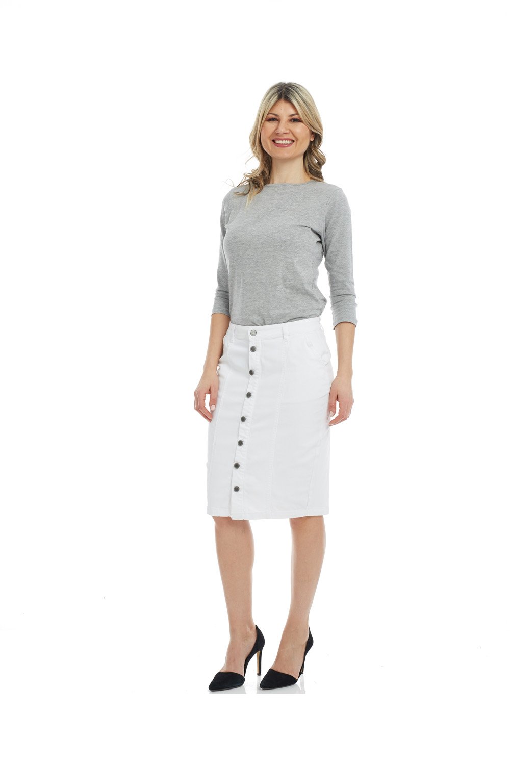 knee length white denim skirt