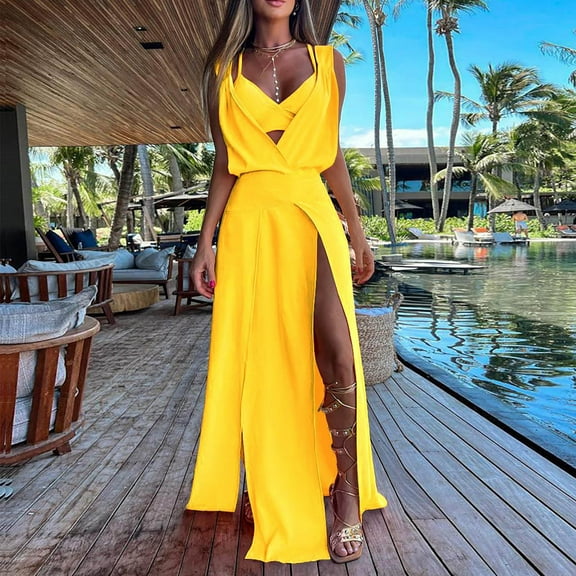 JNGSA Women's Sleeveless Dress Backless Spilt Maxi Dress and Underwear Soild Color Suit Casual Summer Beach Boho Vacation Outfits Yellow 10