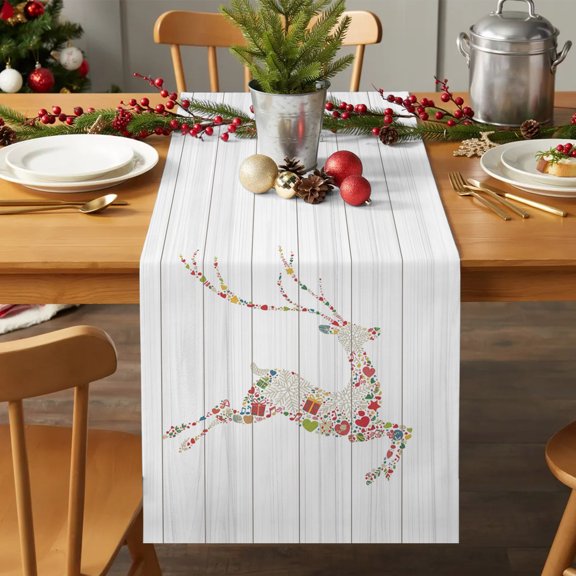 Table Runner 70 Inches Long - Christmas Abstract Watercolor Reindeer Decorative Table Scarf, White Wood Board Dining Table Runners for Wedding Party Kitchen Dining Tables