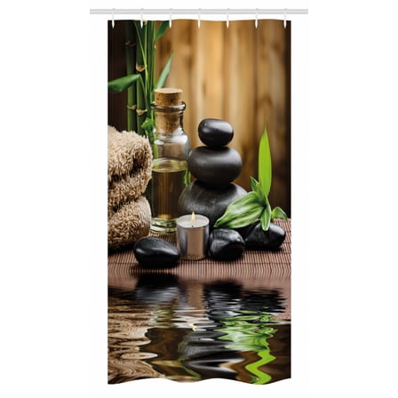 Spa Stall Shower Curtain, Asian Zen Massage Stone Triplets with Herbal Oil and Scent Candles Print, Fabric Bathroom Set with Hooks, 36W X 72L Inches Long, Black Brown and White, by Ambesonne