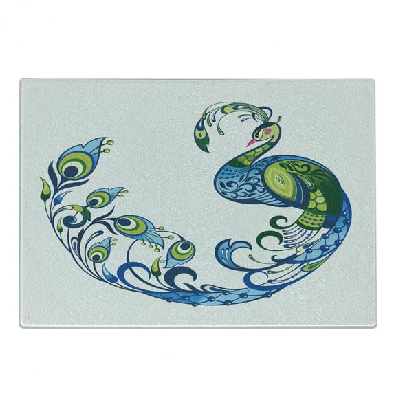 Peacock Cutting Board, Peacock Colorful Fashion Curvy Pattern Tropical Summer Blossom Flourish, Decorative Tempered Glass Cutting and Serving Board, Small Size, Blue Green Pink, by Ambesonne