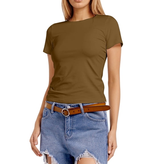 Womens T Shirt Women's Solid Color Fashion Slim Fit Basic Short Sleeve T Shirt Casual Tee Top Daily Wear Crew Neck Brown L