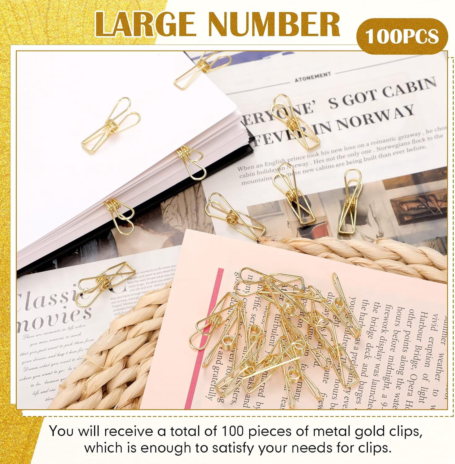 100 Pcs Paper Clips Metal Wire Hollow Out Clothespins Multi Purpose Utility Binder Clips Invoice Bill Stainless Steel Hanging Clothes Pins for Kitchen Outdoor Office (Gold)