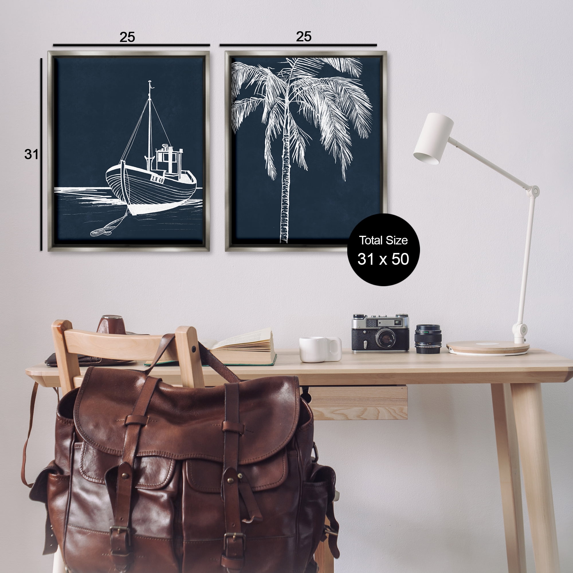 Stupell Industries Blue Boat & Palm Transportation Painting Gray Floater Framed Canvas Art Print Wall Art, 31 x 25, Set of 2