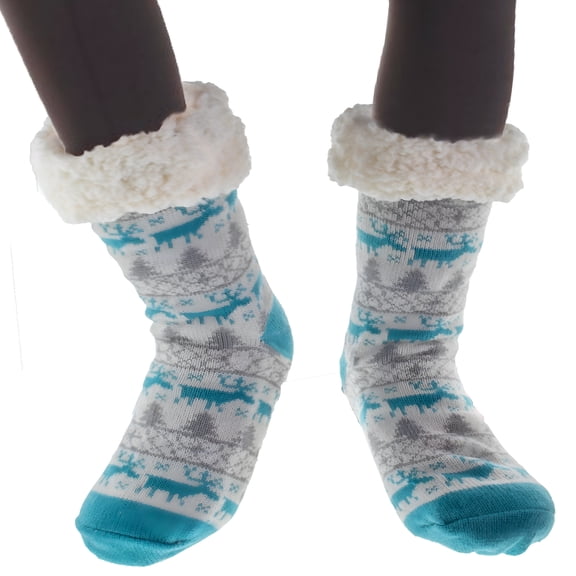 TELOLY Women'S Thermal Sherpa Slipper Socks (2 Pairs) - Plush Fleece, Warm & Toasty Footwear for Cold Winter Weather – Non-Skid Gripper Bottom, for Cozy Indoor Nights & Holidays - Grey Turquoise