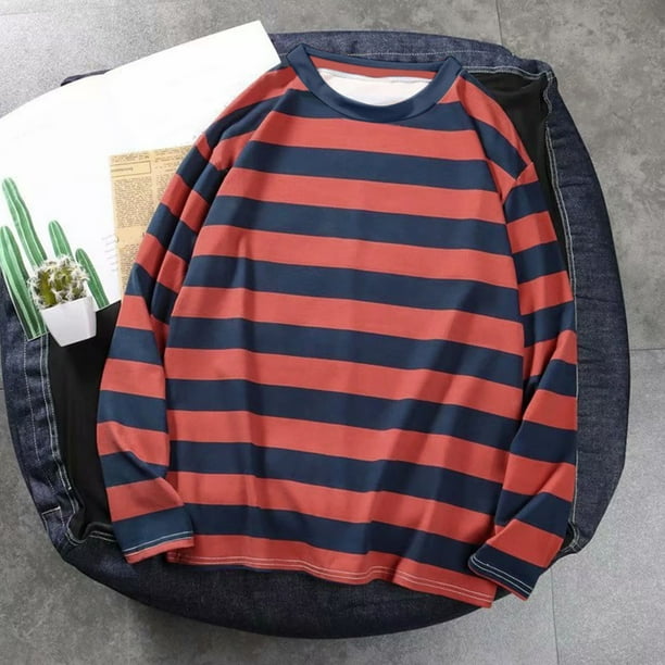 MHFRRA Camisa de Manga Larga a Rayas para Mujer, Blusa Holgada Coreana Grande En Primavera y Otoño. Rojo