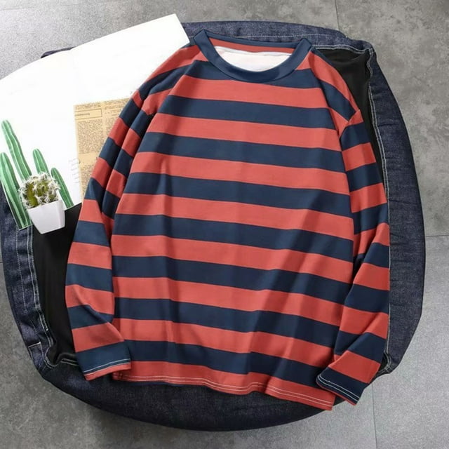 MHFRRA Camisa de Manga Larga a Rayas para Mujer, Blusa Holgada Coreana Grande En Primavera y Otoño. Rojo