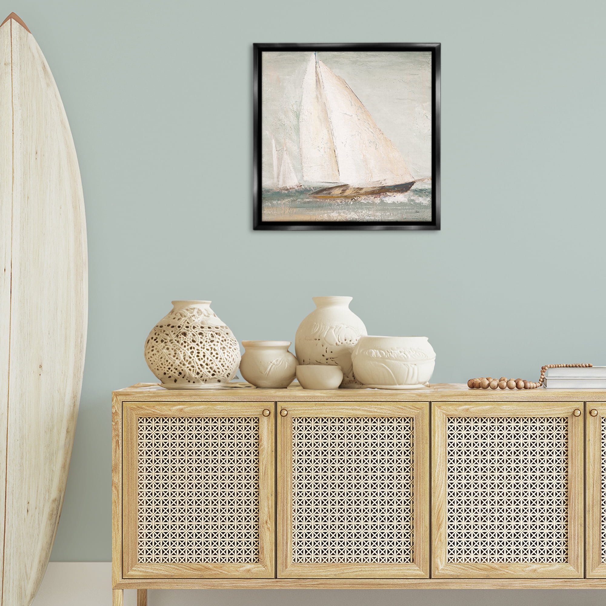 Stupell Industries Vintage Splashing Sailboat Transportation Painting Black Floater Framed Canvas Art Print Wall Art, 25 x 25
