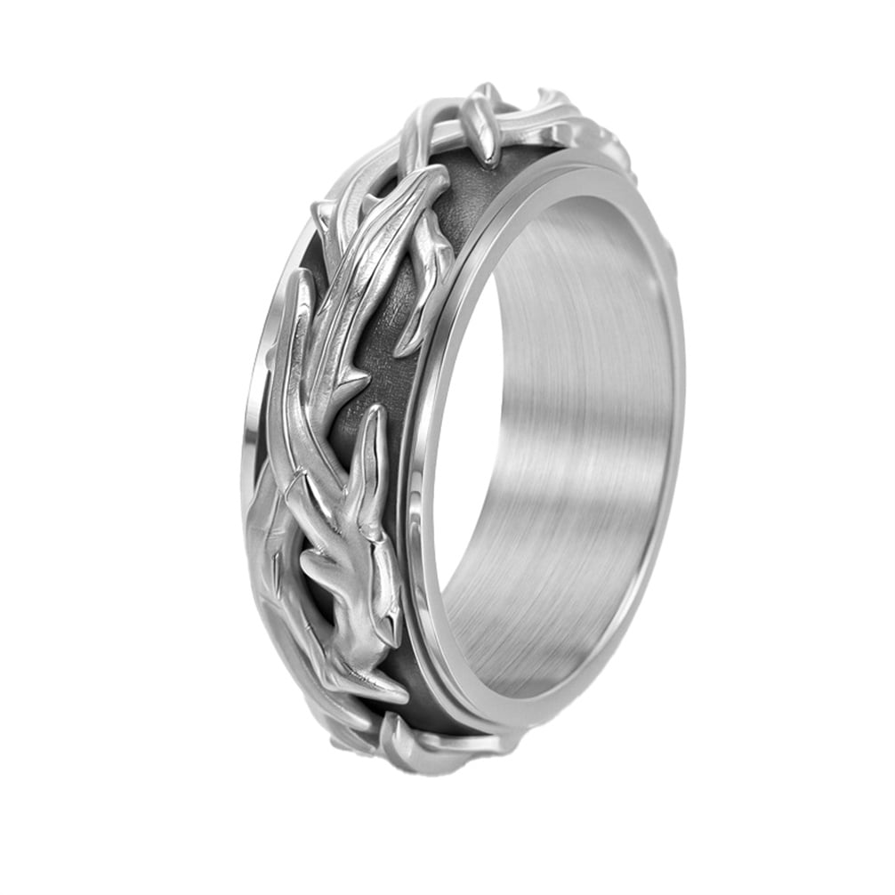 HIRPLIS Rotatable Rings for Men Stainless Steel Thorny Vines Weave Band Vintage Punk Gothic Statement Personalized Gift Jewelry Silver 12