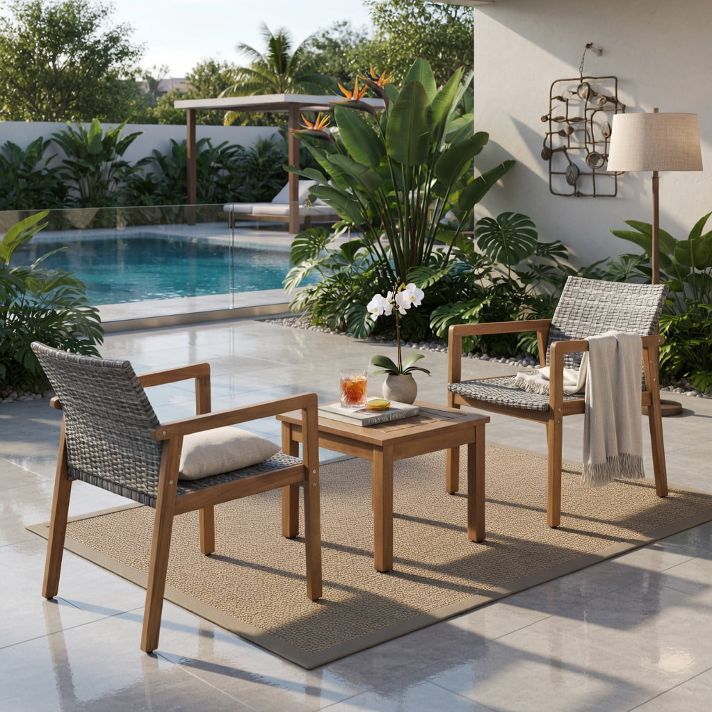 Hommoo 3-Piece Outdoor Patio Furniture Set, PE Rattan Chairs + Acacia Wood Coffee Table, Weather-Resistant, Ideal for Garden, Poolside & Courtyard, Gray & Natural