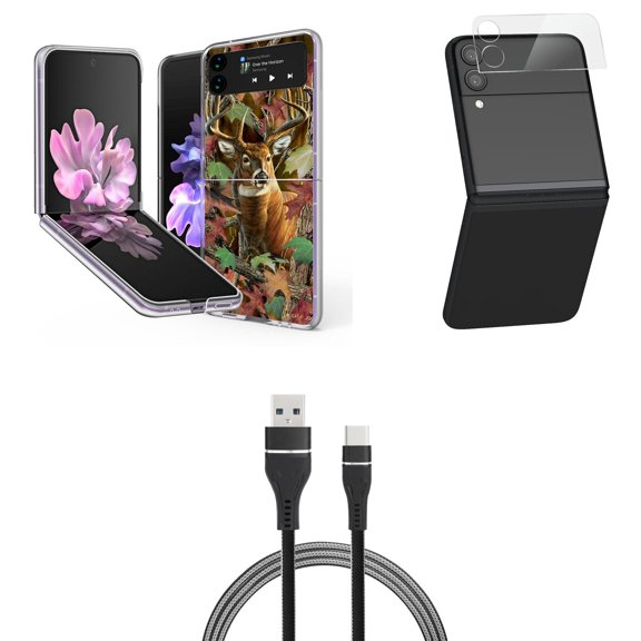 Bemz Premium Bundle for Samsung Galaxy Z Flip 3 5G: Slim Snap-On Protector Case (Hunter Camo Deer), Rear Camera Glass Protector, Nylon Braided USB-C to USB-A Cable (3 Feet)