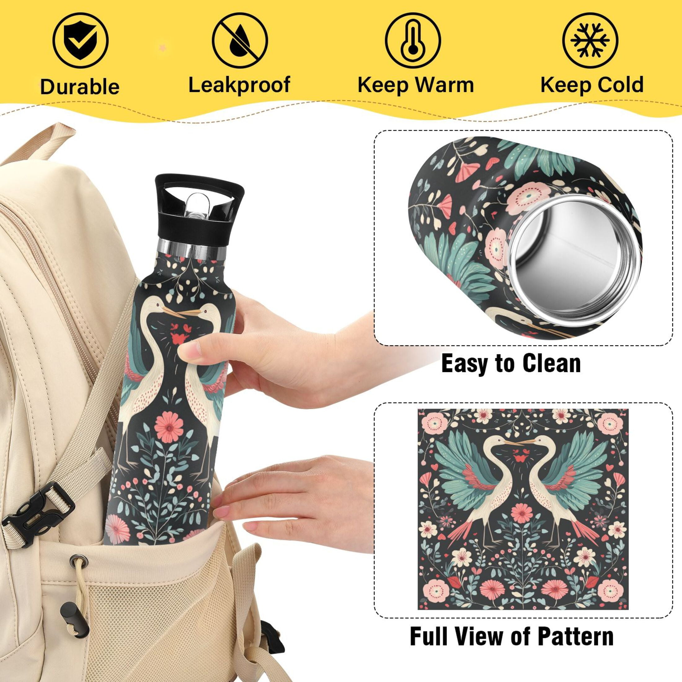 600ML Stainless Steel Insulated Cup Sports Water Bottle Portable Thermos Cup Water Glasses Insulated Tumblers Convenient and Durable Couple Cranes
