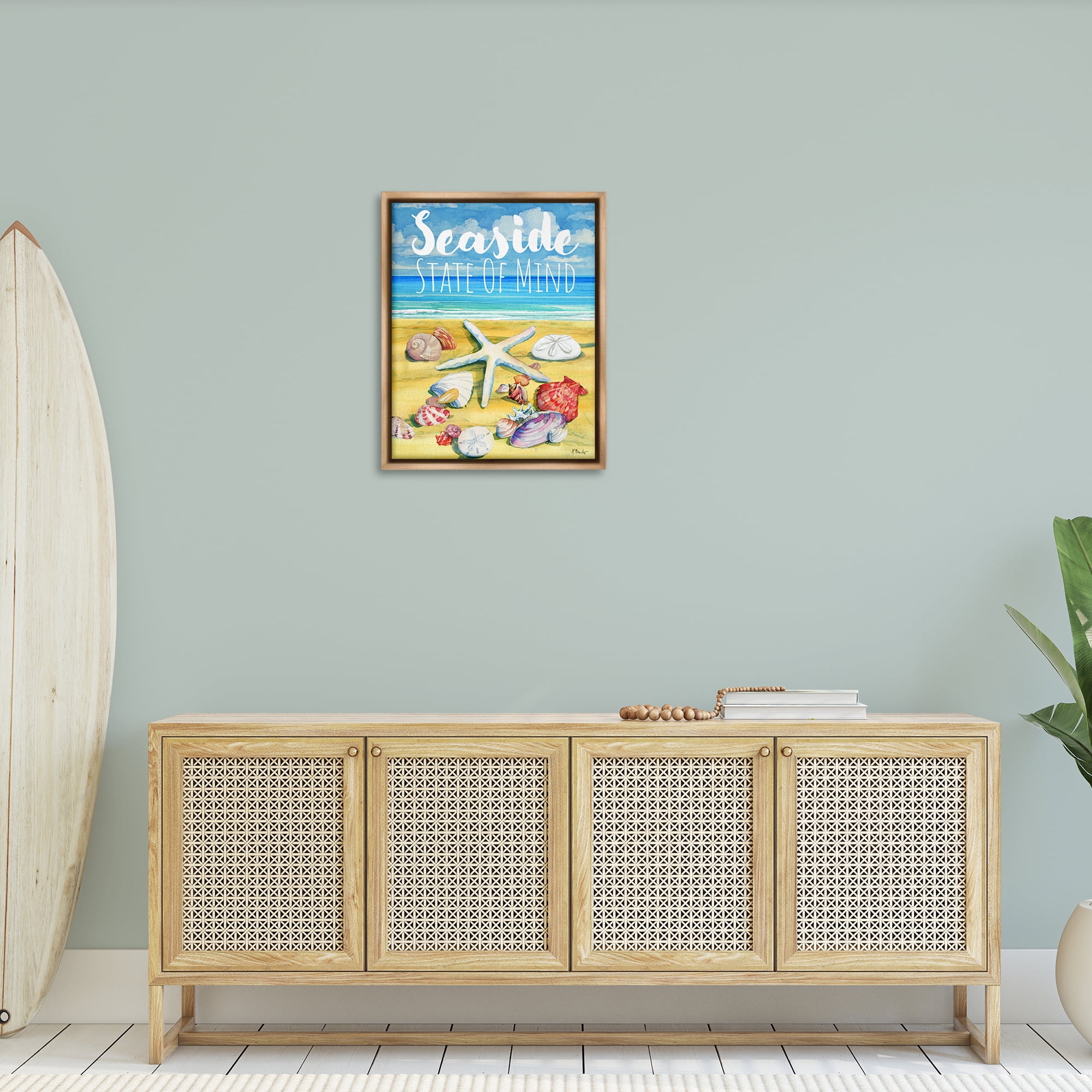 Stupell Industries Seaside Sandy Shells Coastal Painting Brown Floater Framed Canvas Art Print Wall Art, 25 x 31
