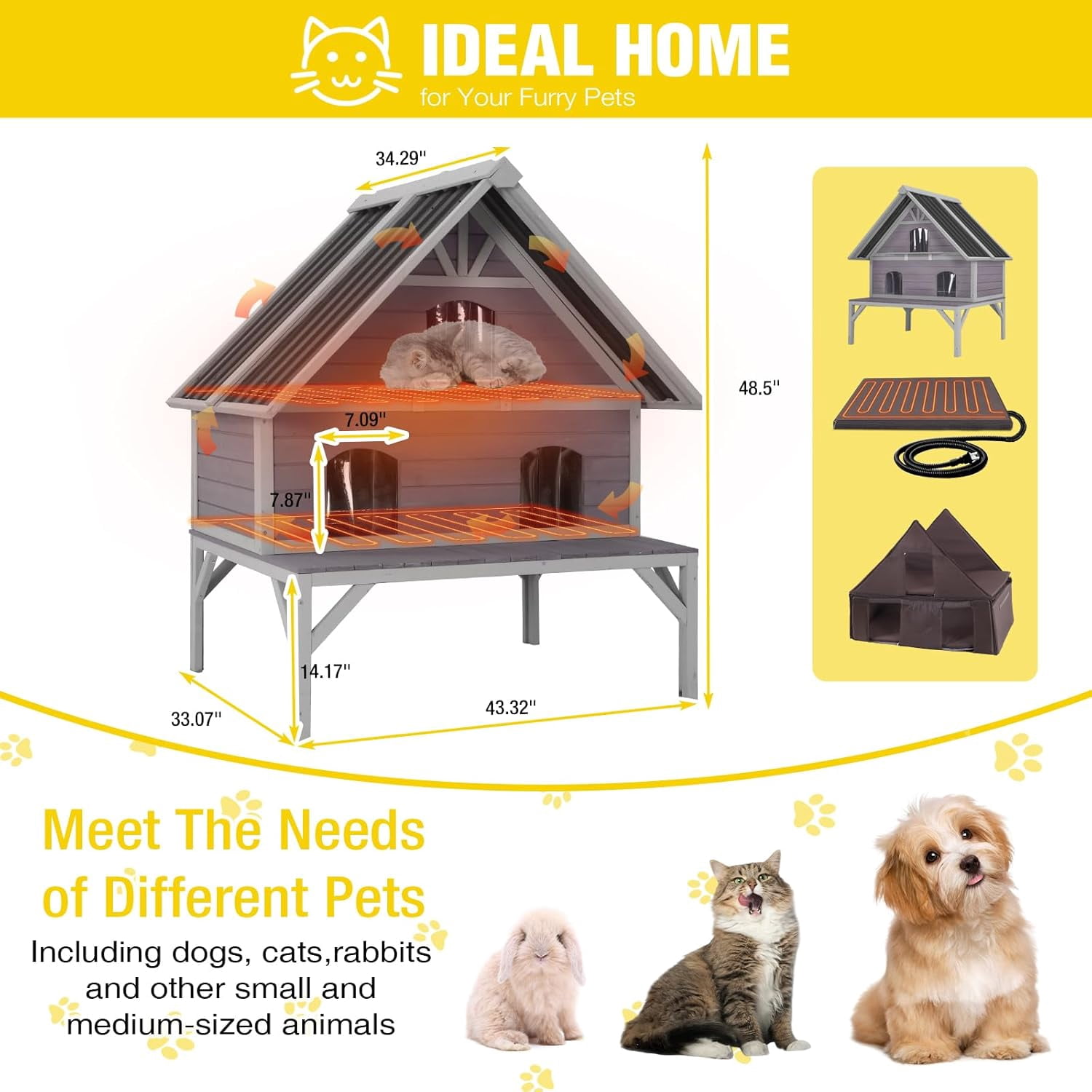 Aivituvin Heated Outdoor Cat House Insulated Cat Shelter with 2 Separate Levels, Insulated Liner, Heating Pad, Large Porch, Three Escape Doors for 2-4 Feral Cats Weatherproof