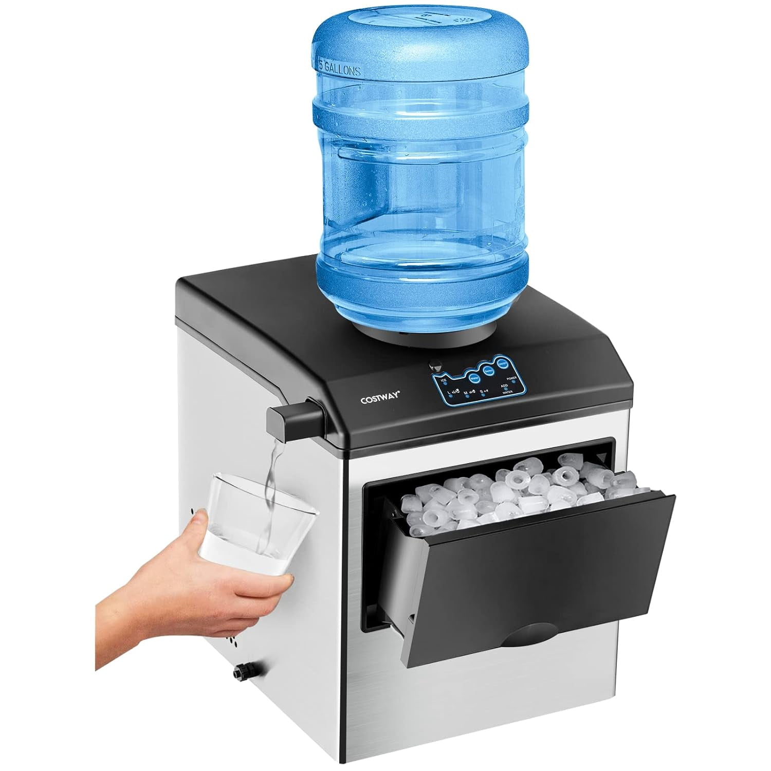2-in-1 Stainless Steel Ice Maker with Water Dispenser, Daily 48LBS Ice Production, Portable Countertop Ice Machine, Adjustable Ice Size, Fast Ice Making & Cold Water Dispensing for Home Kitchen Offic