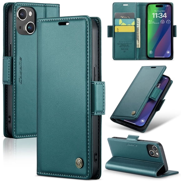 CaseMe Leather For iPhone 15 Wallet Case with RFID Blocking, For iPhone 15 Case Wallet for Women Men Card Holder Magnetic Clasp Kickstand Folio Case for iPhone 15,Green,For iPhone 15