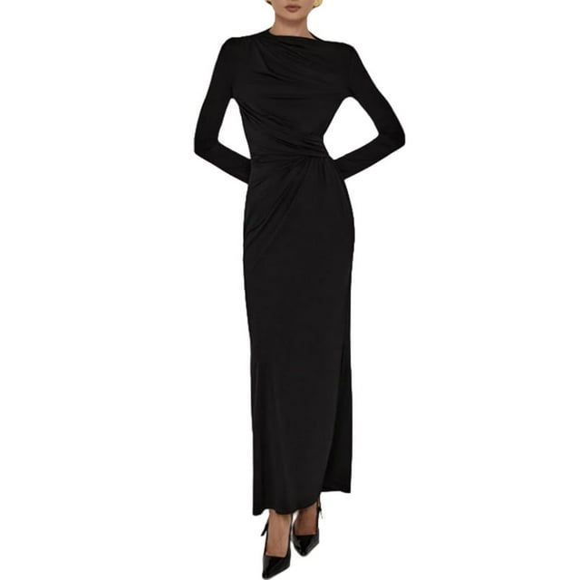 RXMEKW Robe Maxi à Encolure Asymétrique pour Femmes à Manches Longues, Taille Froncée, Coupe Ajustée, Couleur Unie
