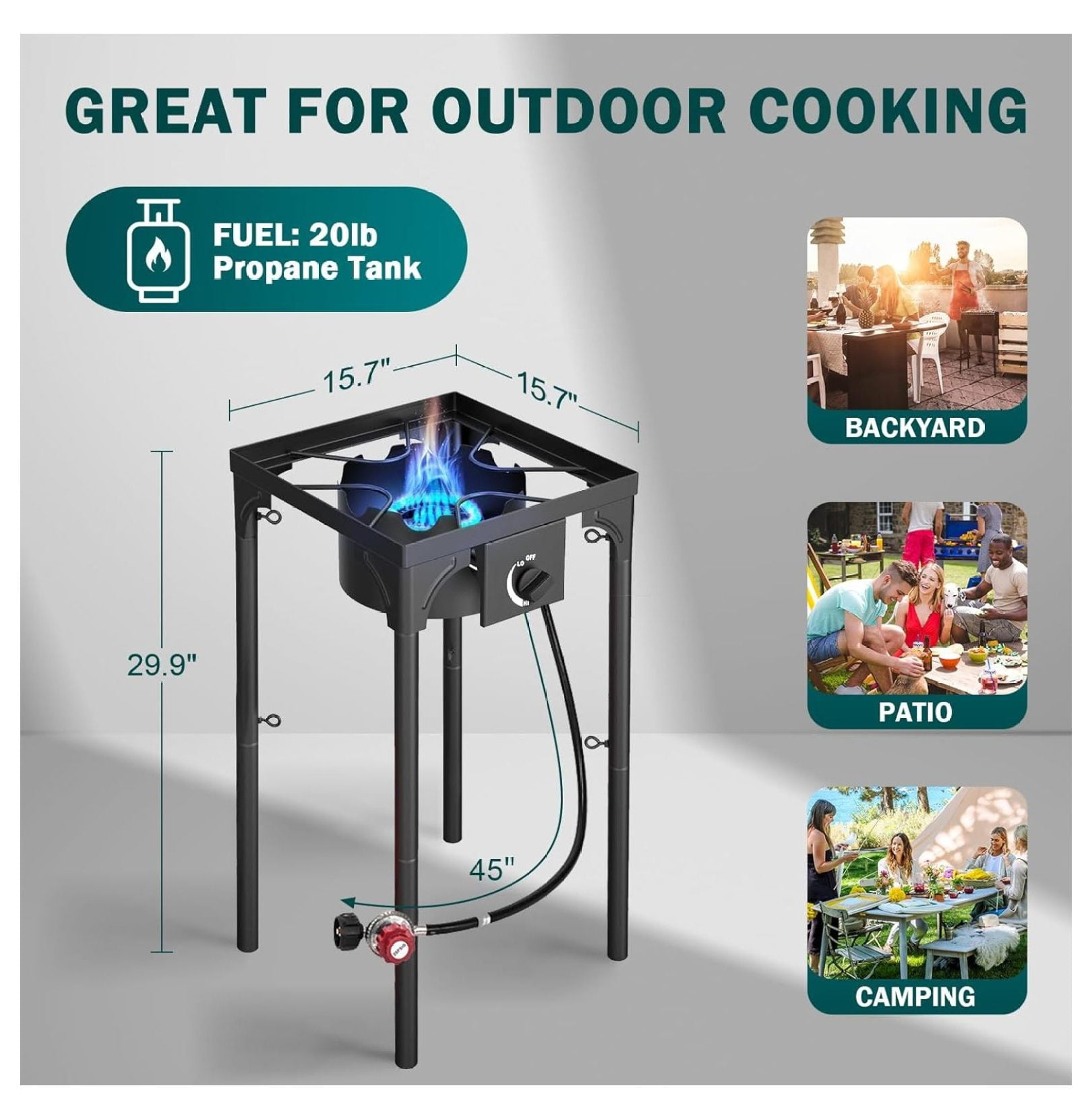 Outdoor Gas Stove 1 Burner, 75000 BTU/hr, High Pressure Outdoor Stove with 0-20 PSI Adjustable Regulator and 4ft Hose, Propane Stove for Patio Backyard Camping with Detachable Stand Legs
