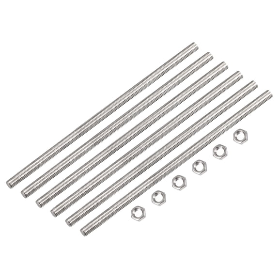 Uxcell 6Pack M3 x 200mm Fully Threaded Rod w 6Pack Hex Nuts, 0.5mm Pitch 304 Stainless Steel Right Hand Threaded Rod