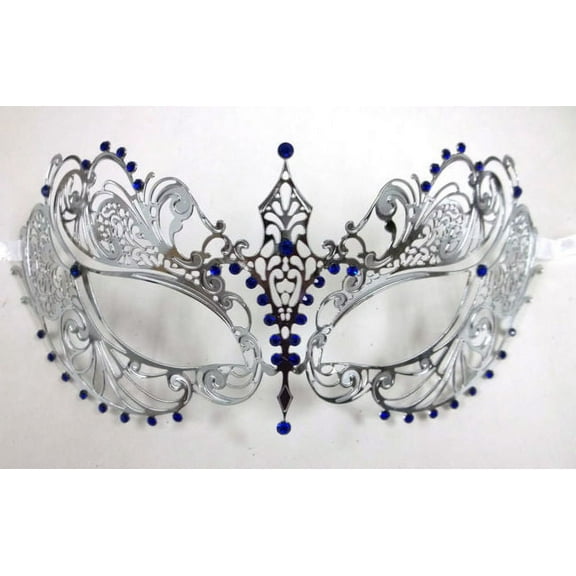 Silver Blue Crystal Beautiful Eyes Laser Venetian Mask Masquerade Metal Filigree