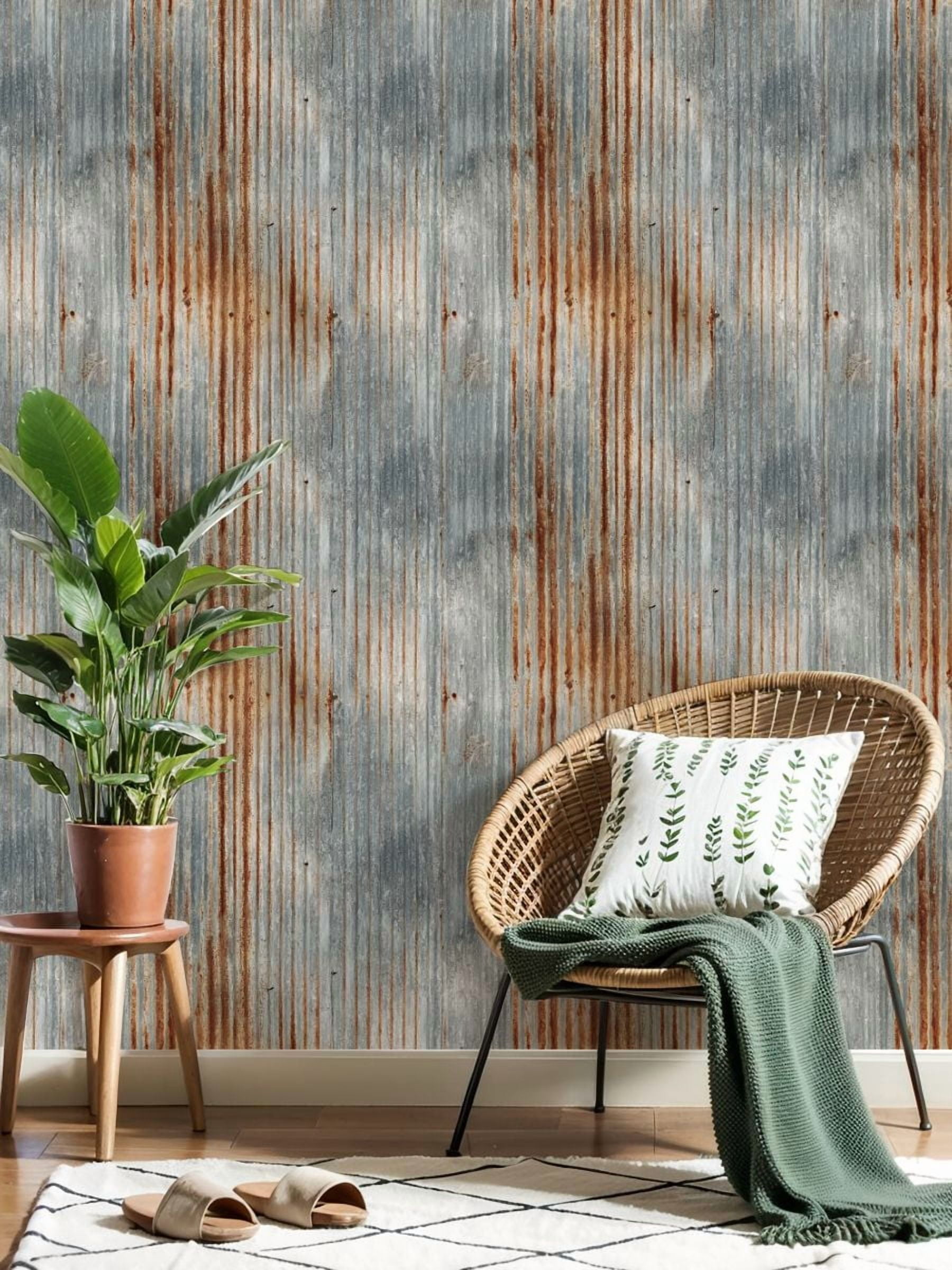 Modern Industrial Rusty Corrugated Metal Texture Vertical Rust Streaks Wall Mural 23.6in x 9.8ft Self Adhesive Removable Wall Paper Renter Friendly Wallpaper for Bedroom Cabinets