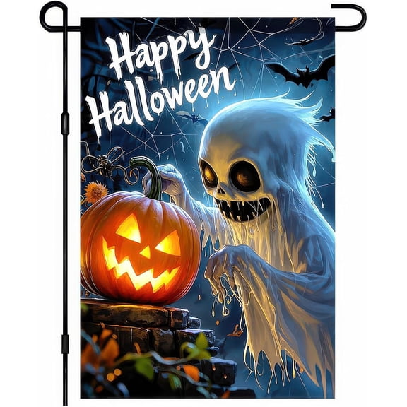 Halloween Garden Flag 12 x 18 Inch Double Sided Ghost Pumpkin Skeleton Spider Web Bat Haunted Yard Banner for Outdoor Decoration