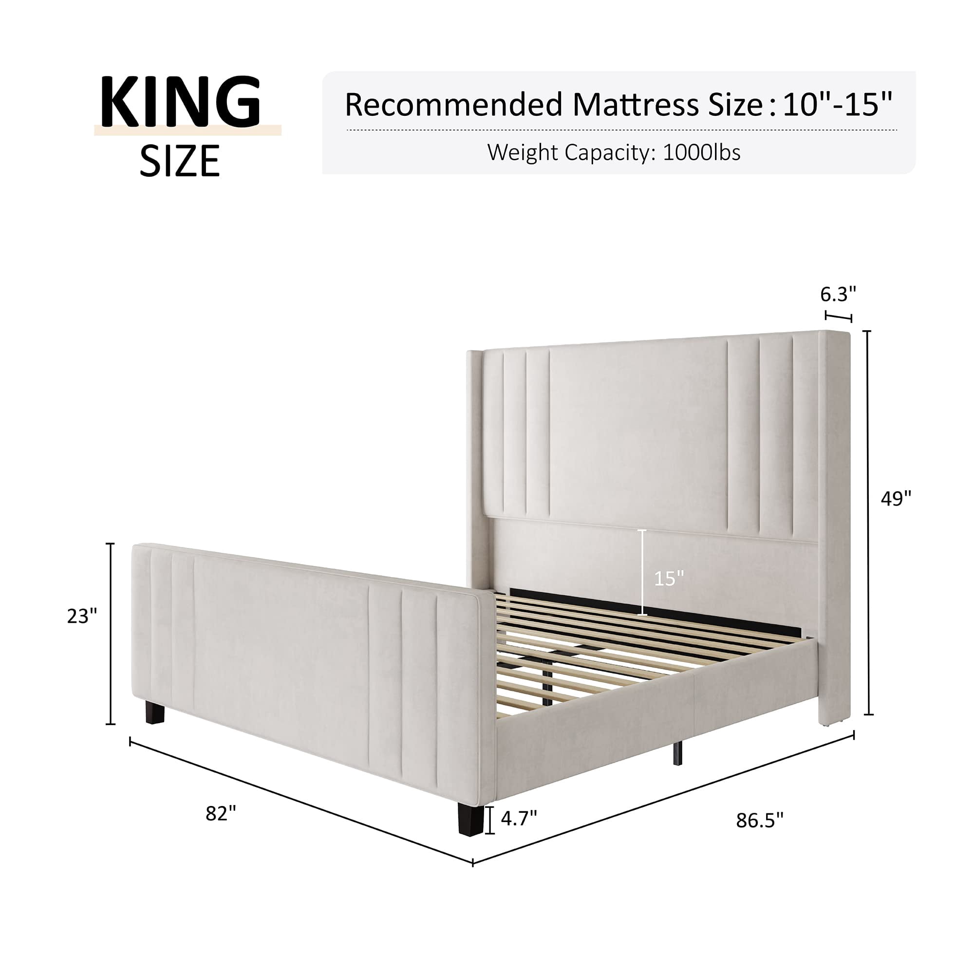 PLAUIN King Size Bed Frame with Velvet Platform, Wingback Headboard and Wood Slats, Cream