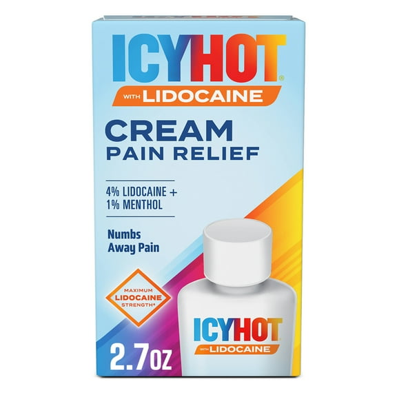 Icy Hot Lidocaine Pain Relief Cream, Numb Aggravated Nerves With Max Strength Lidocaine 4% and Menthol 1%, Fast-Acting Pain Relief for Minor Pain, Backaches, Sprains and Strains, 2.7 oz