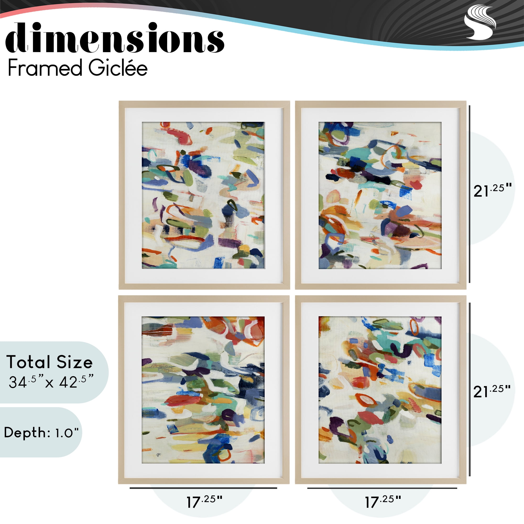 Stupell Industries Primary Hues Composition 4 Piece Birch Framed Print Under Glass Set, design by Lisa Ridgers