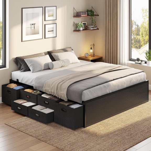 Afuhokles Full Bed Frames with 6 Storage Drawers, Metal Bed Frame with Steel Slat Support, Footboard, Platform Bed, Black