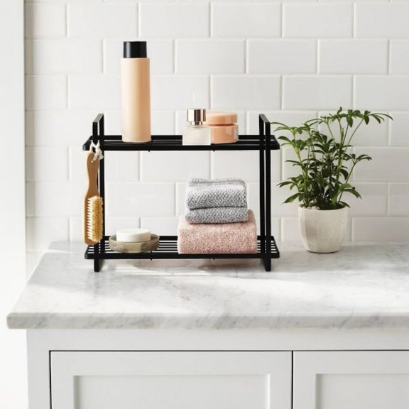 2 Tier Space Saving Vanity Organizer Rust Resistant Steel Construction Countertop Cabinet Storage for Bathroom Canisters Bottles Washcloths with Top Handles