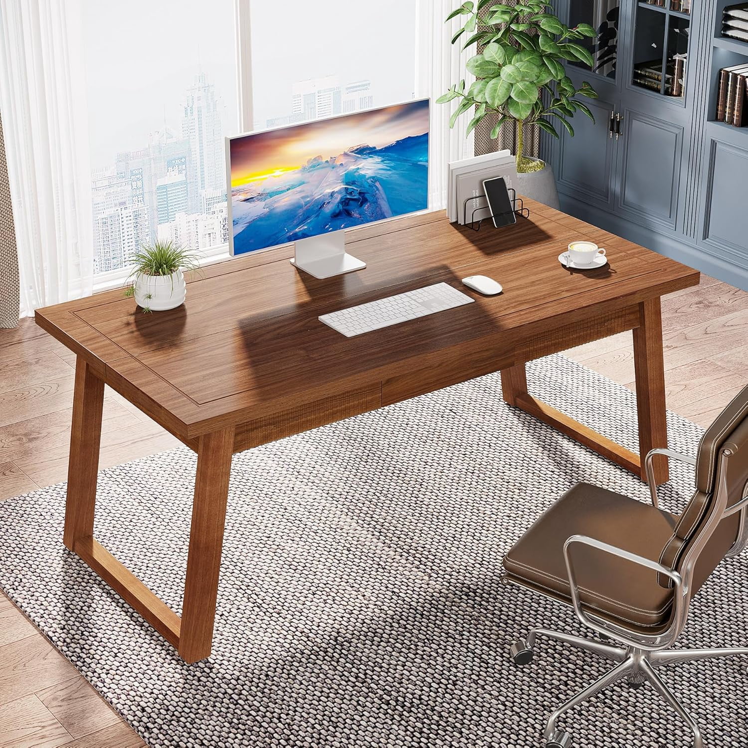 Finmind 55" Solid Wood Executive Desk with Drawer: Mid-Century Modern Writing Table