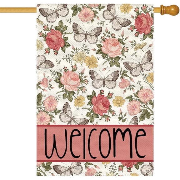 Welcome Spring House Flag 28 x 40 Inch Vertical Double Sided Burlap Pink Butterflies and Flowers Easter Large Yard Flag Spring Summer Holiday Seasonal Yard Outdoor Outside Decoration