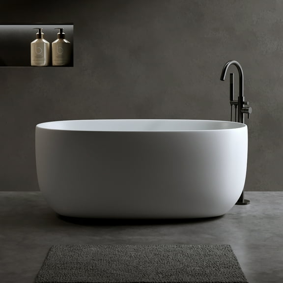 Holaki 47" Stone Resin Freestanding Bathtub,Oval Shape Solid Surface Freestanding Tubs for Small Bathroom,Stand Alone Soaking Tubs with Integrated Slotted Overflow and Drain,Matte White