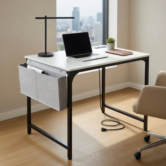 Resenkos 32 Inch Computer Desk Small Home Office Desk with Charging Station-White, Home Office Desks, Gaming Computer Desks for Study,Working,Writing