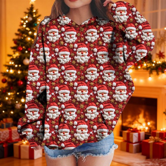 BaoFuBaoMei Lightweight Hoodie Boys Girls Christmas Santa Claus Long Cuffed Sleeve Sweatshirt Tops with Pockets Loose Hooded Fall Clothes for Christmas Dinner Vacation Holiday