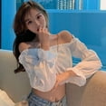 thumbnail image 5 of Autumn Women Puff Sleeve Blouses Solid Color Long Sleeve Off Shoulder High Waist Shirt, 5 of 6